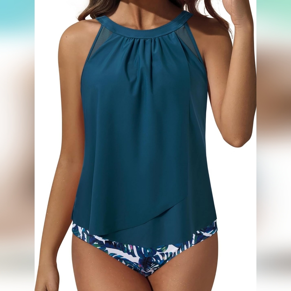 Women's PLUS SIZE Teal Swim Top and Printed Bottom Set